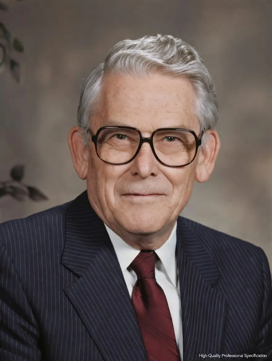 Portrait of an older man with gray hair and black glasses, wearing a pinstripe suit and burgundy tie in a professional setting.